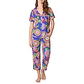 Trina Turk Womens Short Sleeve Notch Collar & Cropped Pants Sleepwear Pajama Set, Organic Cotton, Blue Tokyo Floral, X-Small