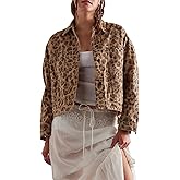 OFSOAK Womens Leopard Denim Jacket Casual Long Sleeve Button Down Loose Cheetah Print Jean Jacket with Pockets
