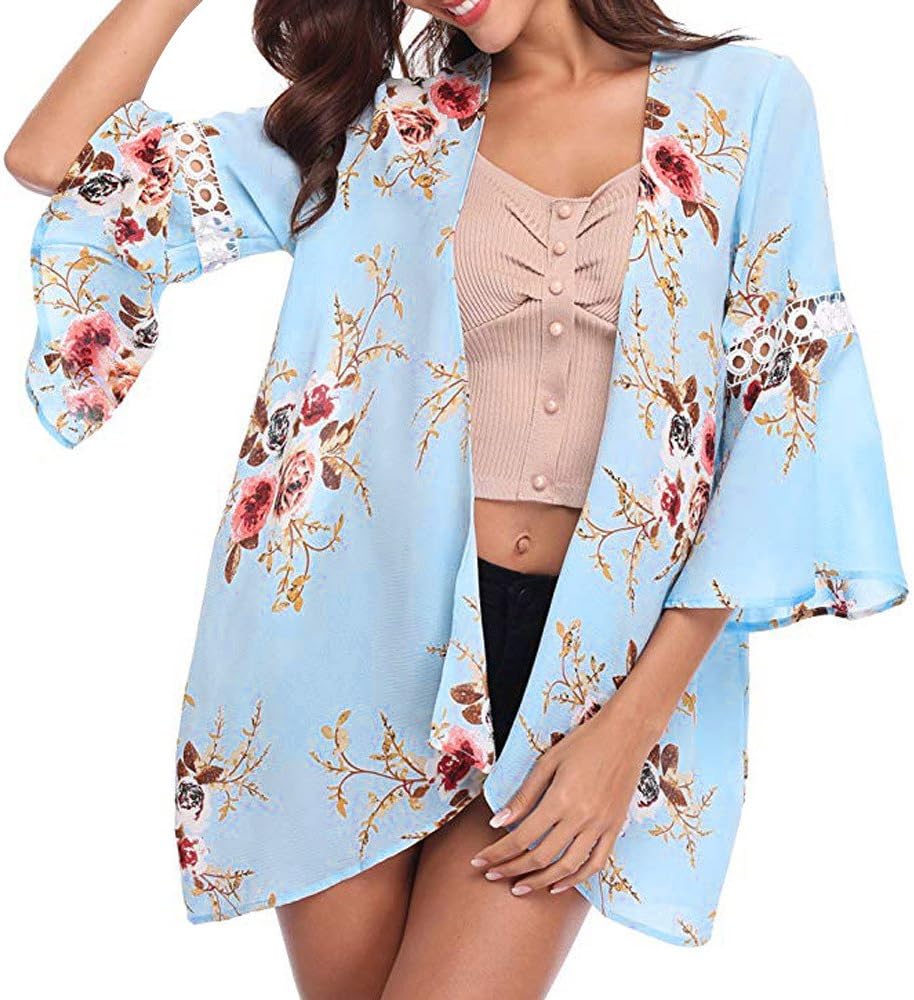 CUCUHAM Women Chiffon Loose Shawl Print Kimono Cardigan Top Cover Up Blouse Beachwear
