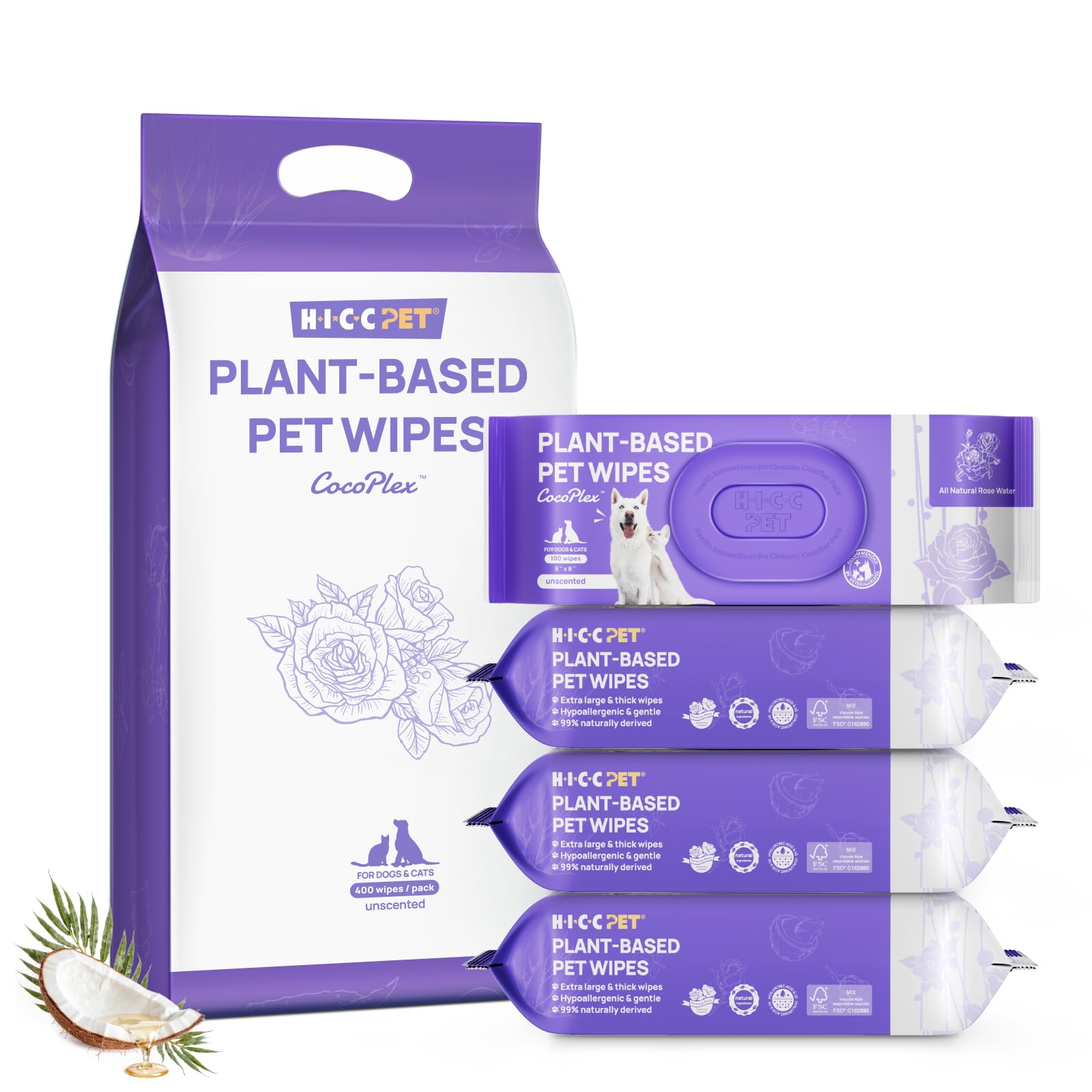 HICC PET Cleaning Deodorizing Wipes for Dogs & Cats, Vet Recommended Nourishes Smoothes Fur Grooming Wipes, Fermented Coconut Oil Grooming Body, Horse Skin, Coat & Hoof, 400 Count, Unscented Image