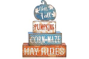 QUZZIL 4 Pcs Fall Decor for Home Blue Pumpkin Wooden Signs with Blessed Autumn Tiered Tray Decor Hello Fall Tabletop Centerpiece Maple Leaf Block Signs for Thanksgiving Office Kitchen Shelf