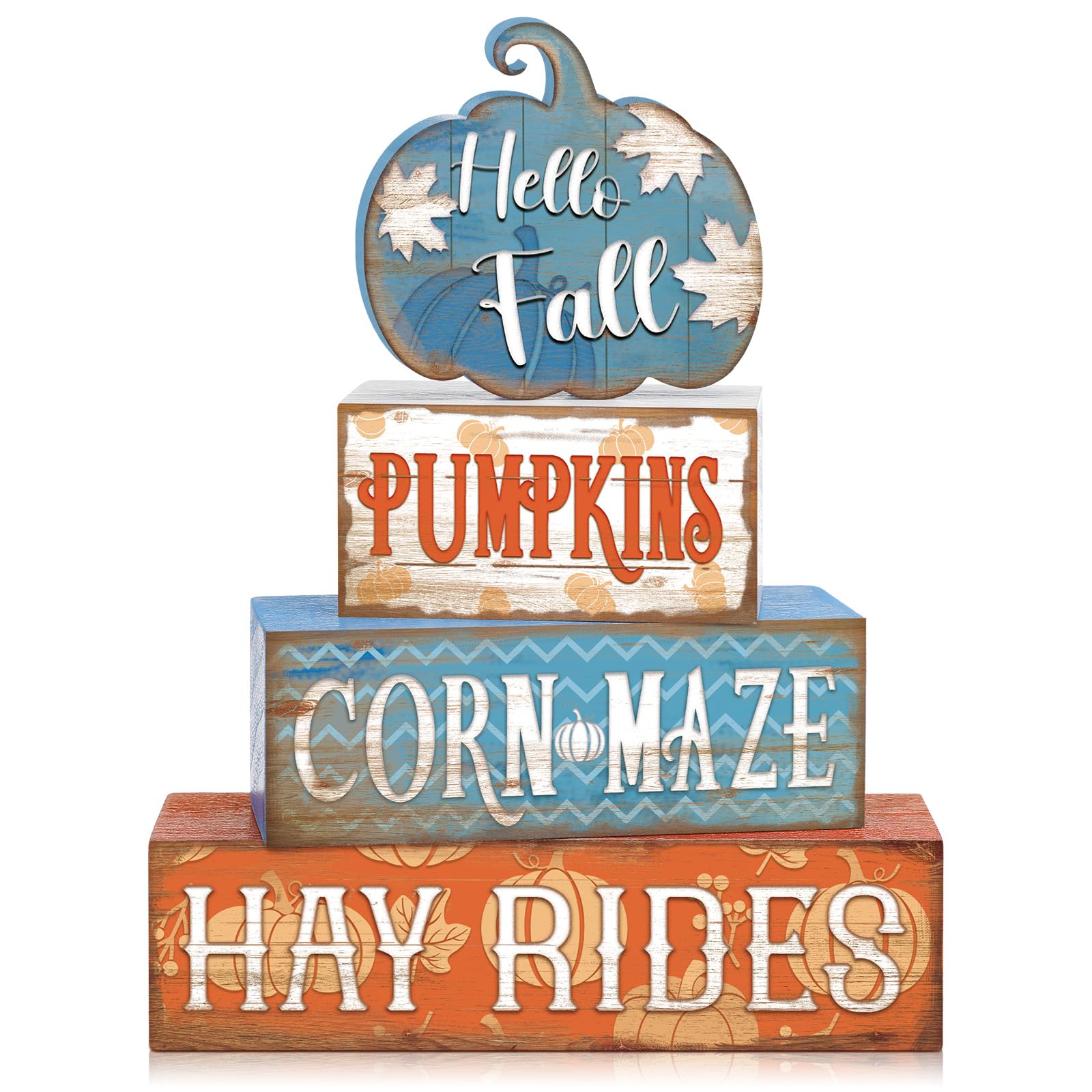 Photo 1 of 4 Pcs Fall Decor for Home Blue Pumpkin Wooden Signs with Blessed Autumn Tiered Tray Decor Hello Fall Tabletop Centerpiece Maple Leaf Block Signs for Thanksgiving Office Kitchen Shelf