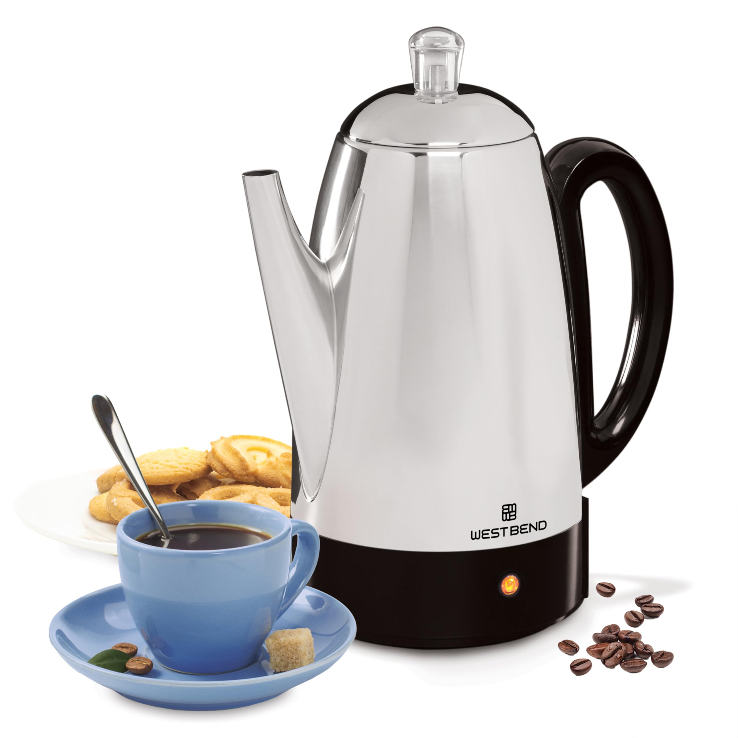 Photo 1 of West Bend Electric Percolator Classic Style Coffee Maker with Heat Resistant Handle Base and Detachable Cord with Stainless Steel Stem and Basket, 12-Cup, Silver