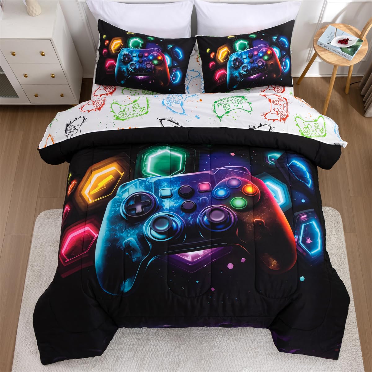 Photo 1 of NTBED Game Console Comforter Set for Boys Girls Kids Space Universe Gaming Geometric Lightweight Microfiber Gamer Bedding Sets (Multi, Twin 5Pcs)