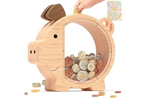 Summidate Wooden Piggy Bank for Kids Large Money Bank for Boys Girls,Cute Unbreakable Wood Money Box, Creative Saving Money Jar Personalized Gifts for Child Birthday Christmas & Decor