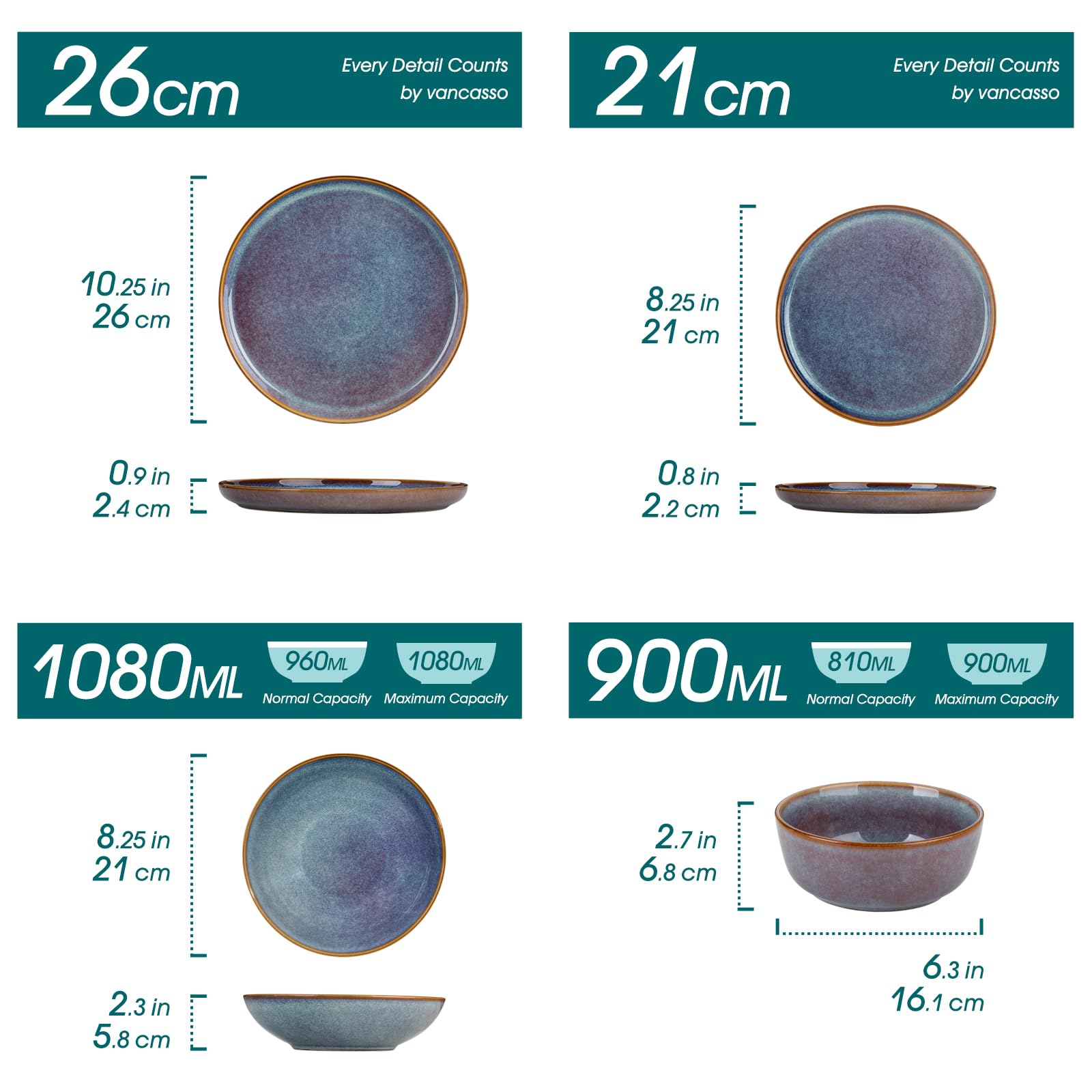 Geschirrset 6 Personen, vancasso PLAYA 24tlg Reaktive Glasur Steingut Tafelservice 6 Personen Modern, Beinhaltet Schüssel, Suppenteller, Dessertteller, Speiseteller, Spülmaschinenfest, Lavendelblau 2