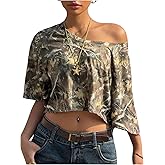 WDIRARA Women's Y2k Camo Print Off The Shoulder Crop Tee Top Short Sleeve Loose Fit T Shirts
