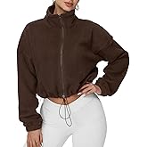Cuffbow Women Full Zip Fleece Jacket Cropped Stand Collar Jacket Long Sleeve Sherpa Coat Drawstring Hem 2025 Winter Outfit