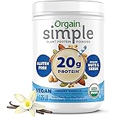Orgain Organic Simple Vegan Protein Powder, Vanilla - 20g Plant Based Protein, Made with less Ingredients, No Artificial Sweeteners, Gluten Free, No Dairy or Lactose, 1.25 lb (Packaging May Vary)
