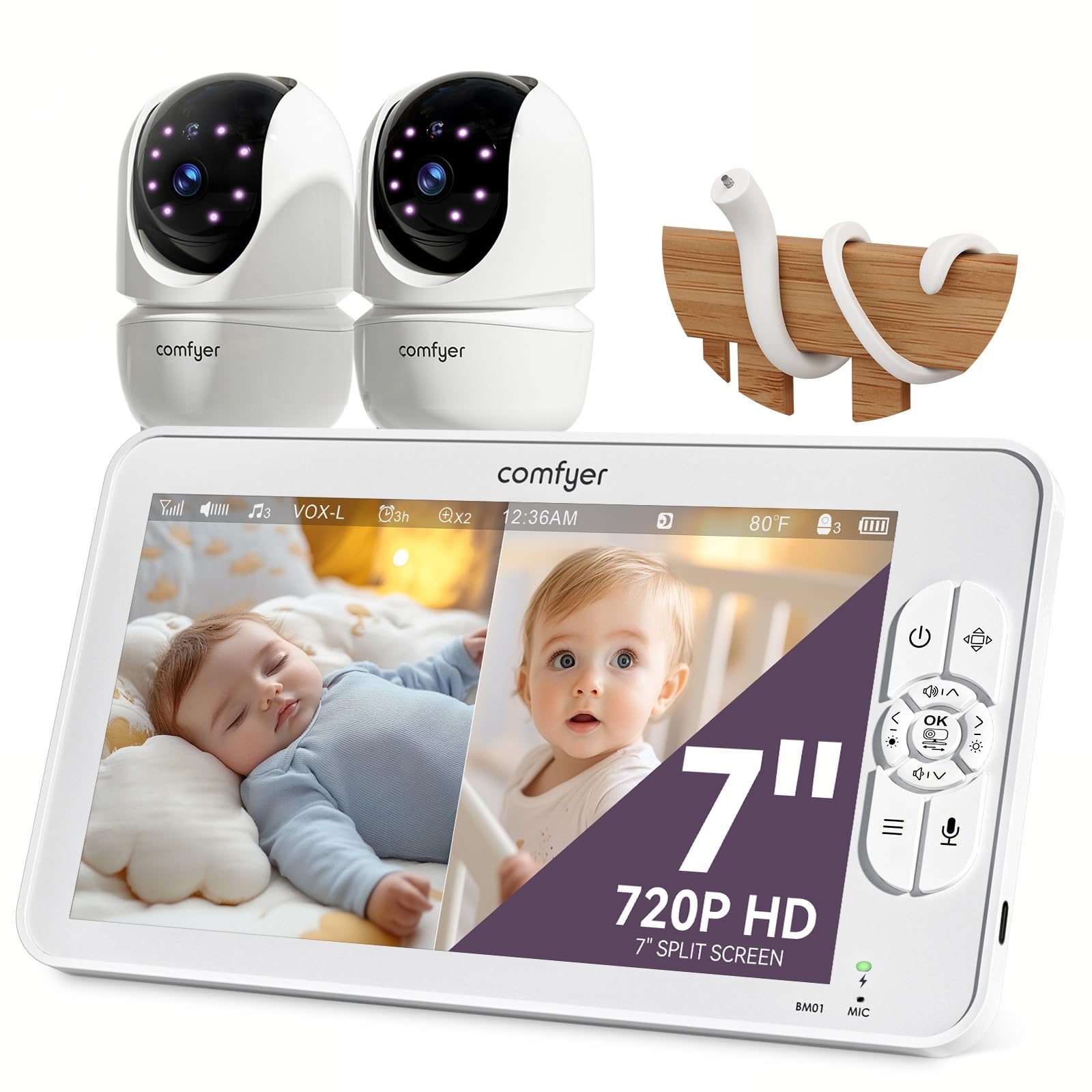 Comfyer BM01 Split-Screen Babyphone mit 2 Kameras, 7" HD 720P ohne WLAN mit Halterung, IR-Nachtsicht VOX-Modus mit Sound-Alarm 2-Wege-Audio 6000mAh 300M Reichweite Videoüberwachungsgerät