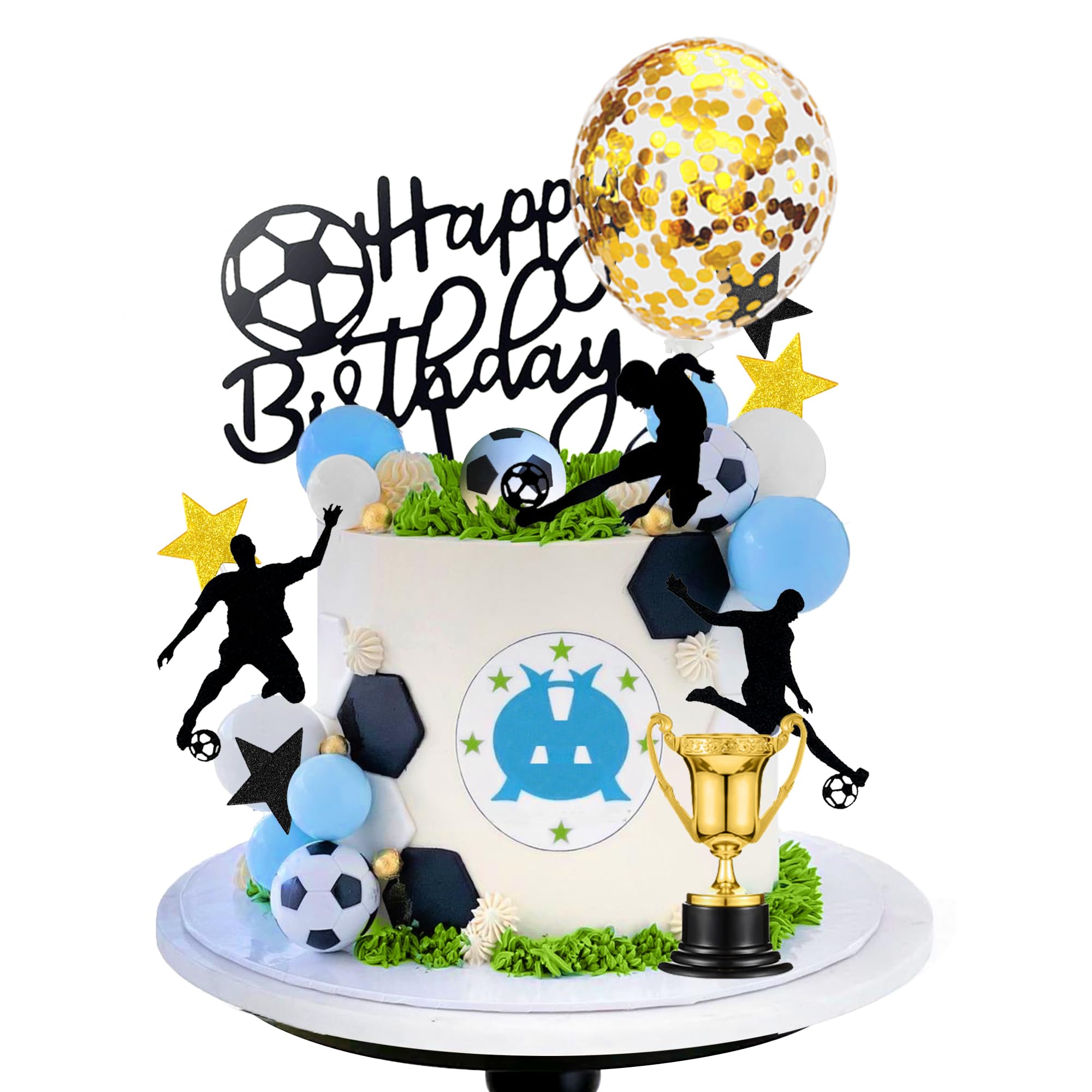 Photo 1 of DRWATE Soccer Cake Topper Decorations - Ball Trophy Cake Decorations For Soccer Birthday Party Football Sport Party Supplies (Blue)