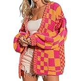 SELINK Women's Cardigan Sweater Vintage Open Front Mixed Checkered Pattern Chunky Knit Plaid Long Sleeve Daily Outwear