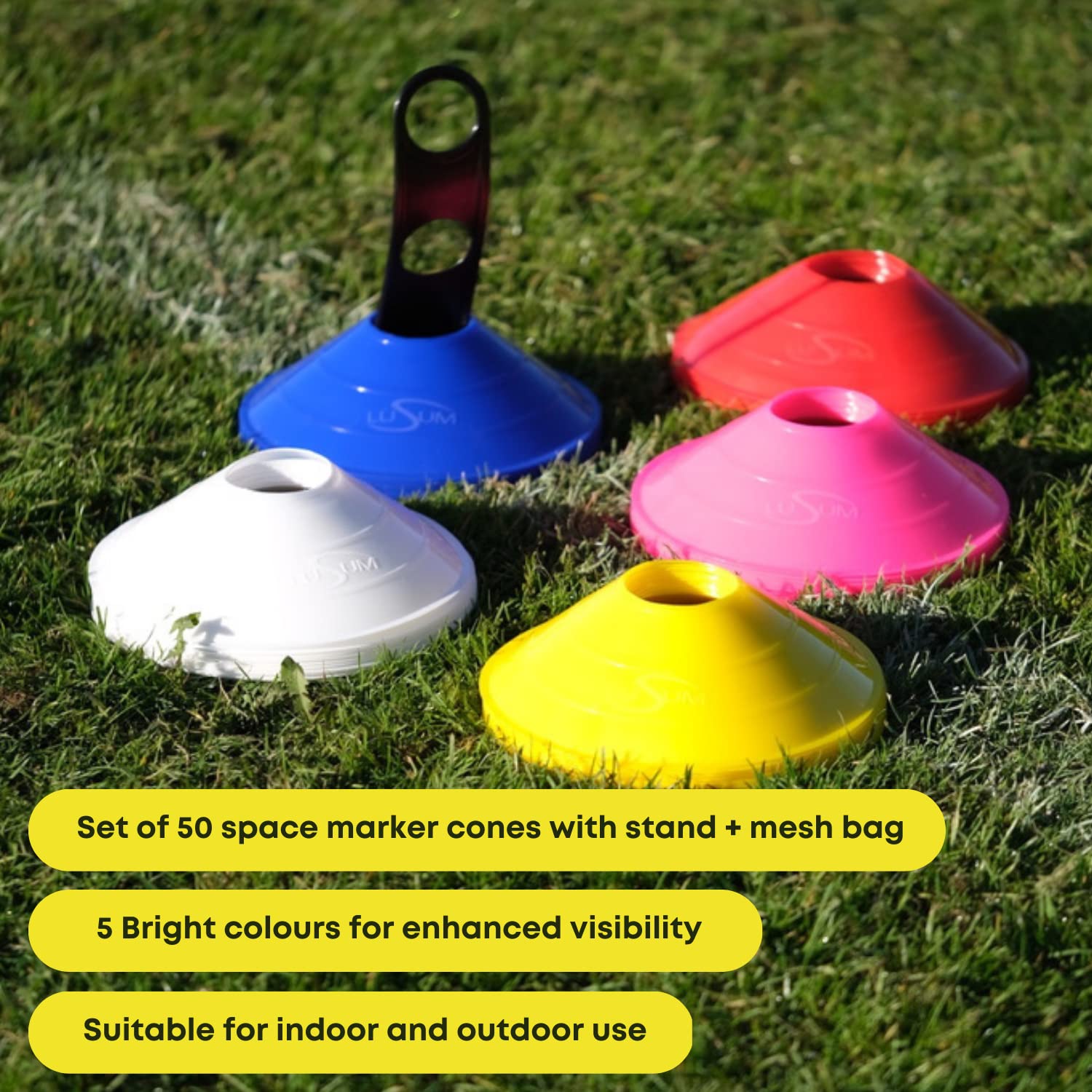 Lusum Set of 50 Sports Safety Space Marker Cones with Stand and Bag - Sports Training Football Cones Set - Indoor/Outdoor Use