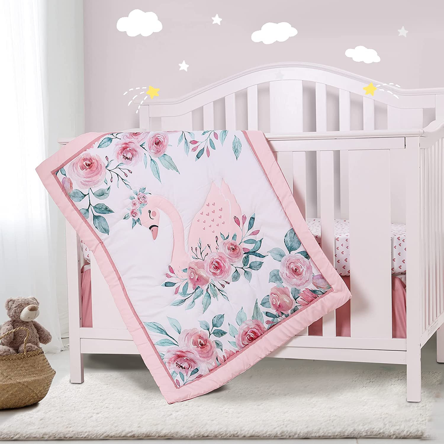 YJM Swan Bedding Set for Girls 3pcs - Cot Sheet, Skirt, Quilt Included - Pink