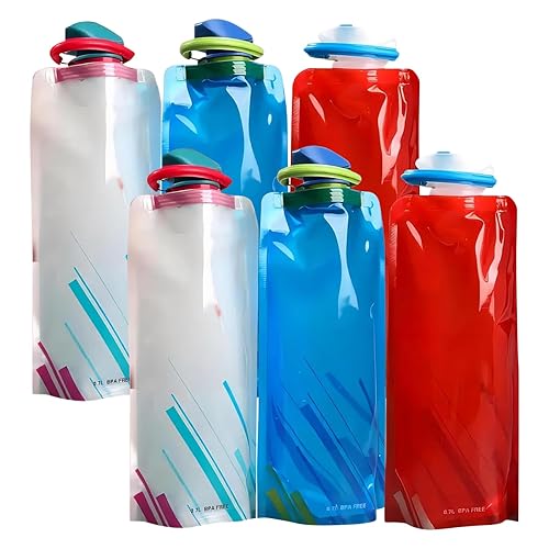 6pcs Foldable Sports Water Bottle 700ml Collapsible Drinking Bottle with Clip Reusable Water Bag Drink Pouches Bags for Sports Travel Drinks Biking Party
