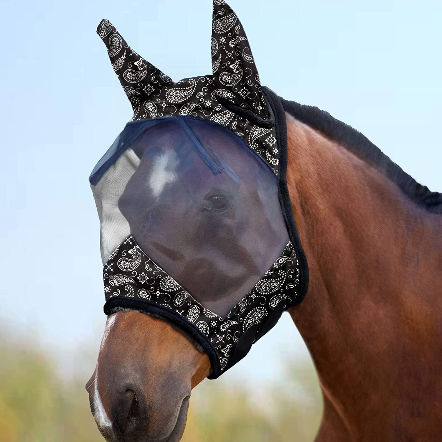 Harrison Howard LumiVista Horse Fly Mask Standard with Ears UV Protection for Horse-Paisley Wave (M; Cob)