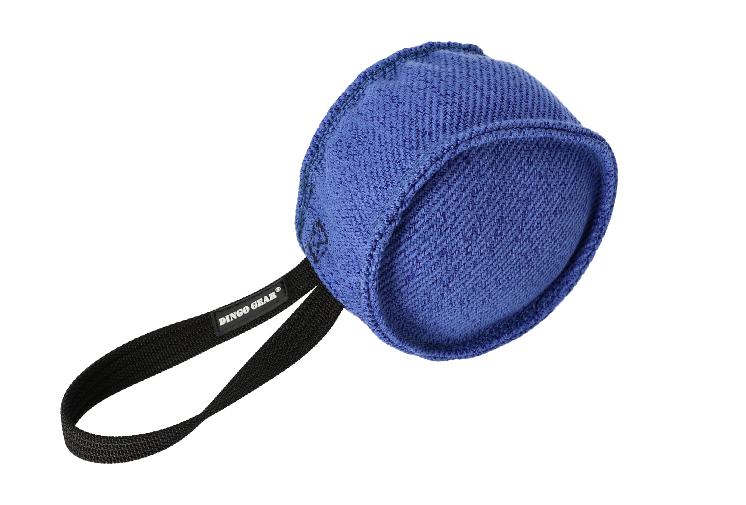 DINGO GEAR Berta Tug Toy for Bite Training, IGP, Fetch, Obedience, Dog Sports, Hand Sewn Strong Stitching French Material Bite Tug 1 Handle, Drum Shape - Blue S00093