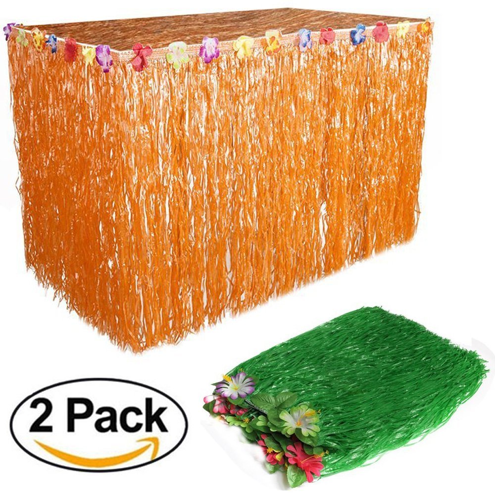 Grass Table Skirt Halloween - 110 x 29 Inches Luau String Hibiscus Leis Silk Flower Party Decoration(2 Pack,Orange and Green)