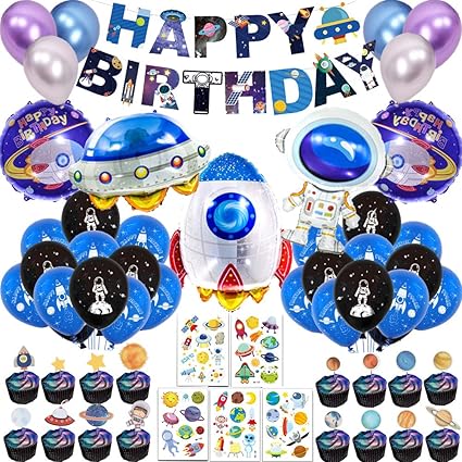 66pcs Outer Space Birthday Party Supplies For Kids Universe Space Theme Party Decorations With Solar System Happy Birthday Banner Cupcake Toppers