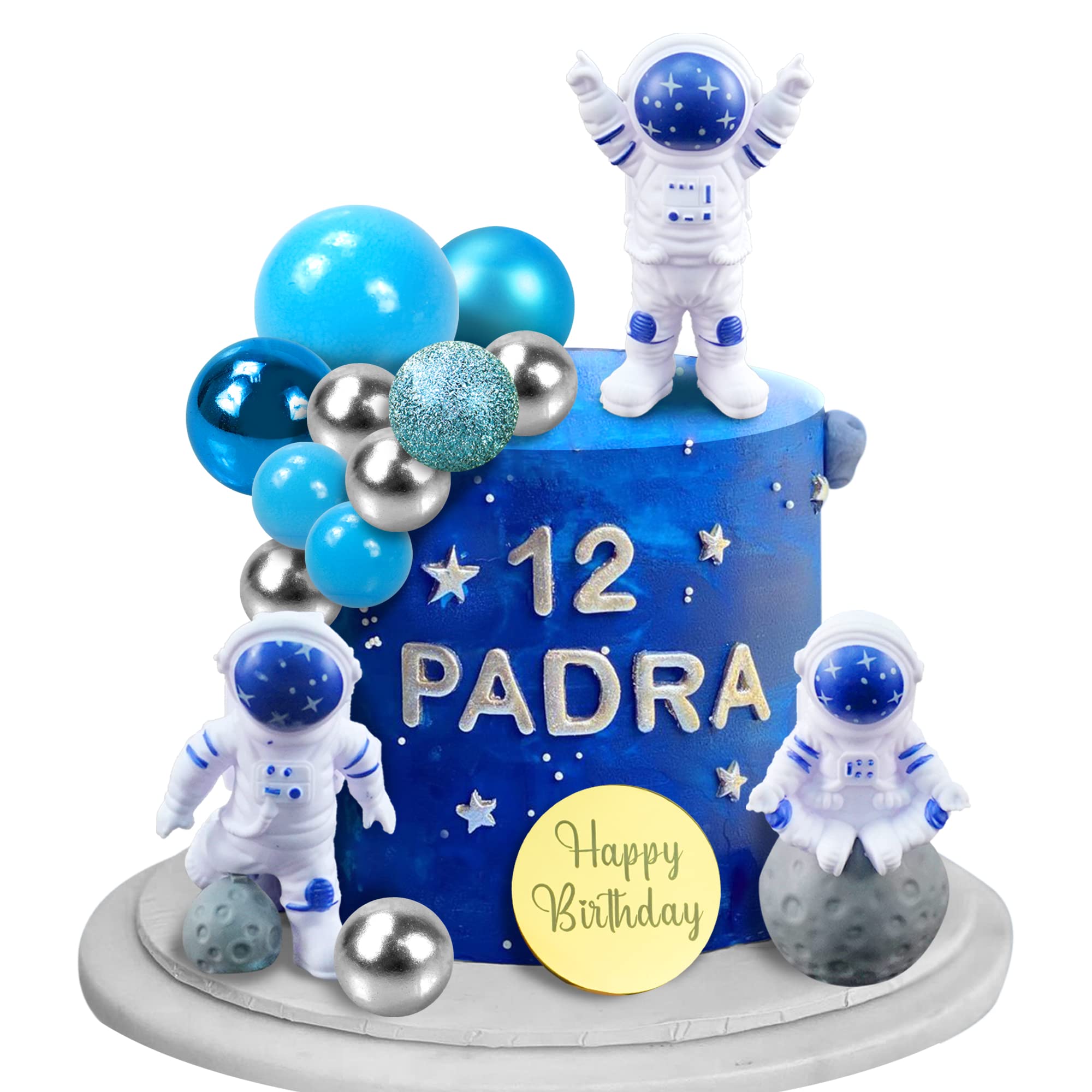 Photo 1 of 24 PCS Space Cake Toppers Outer Space Astronaut Figurines Cake Decorations for Space Theme Baby Shower Birthday Party Supplies (Silver Blue)