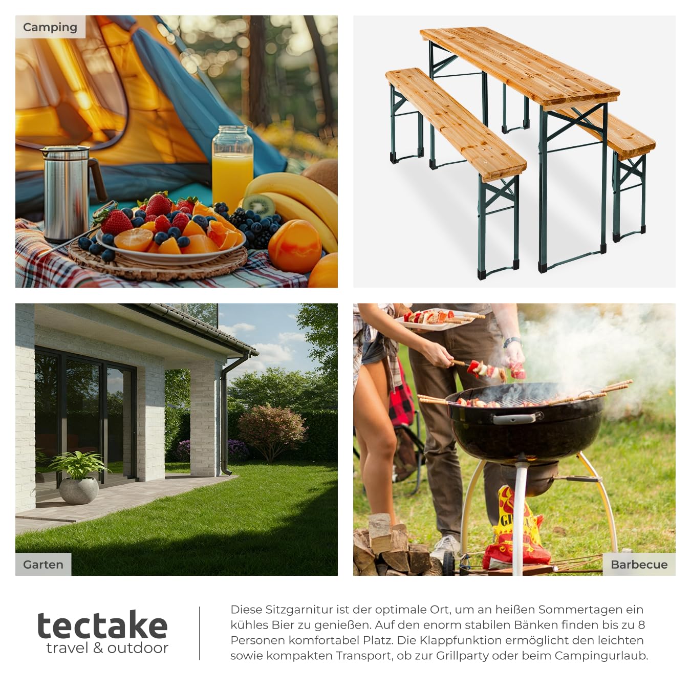 tectake® Bierzeltgarnitur klappbar, Biertisch Klapptisch mit 2X Bierbank, Gartenmöbel Set, Camping Zubehör, Klapptisch Esstisch, Camping Tisch faltbar, Balkontisch, Campingtisch klappbar 5
