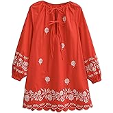 Joiemont Womens Embroidered Long Sleeve Mini Dress Loose Fit Vintage Embroidery Dress with Double Neckline Self Tie