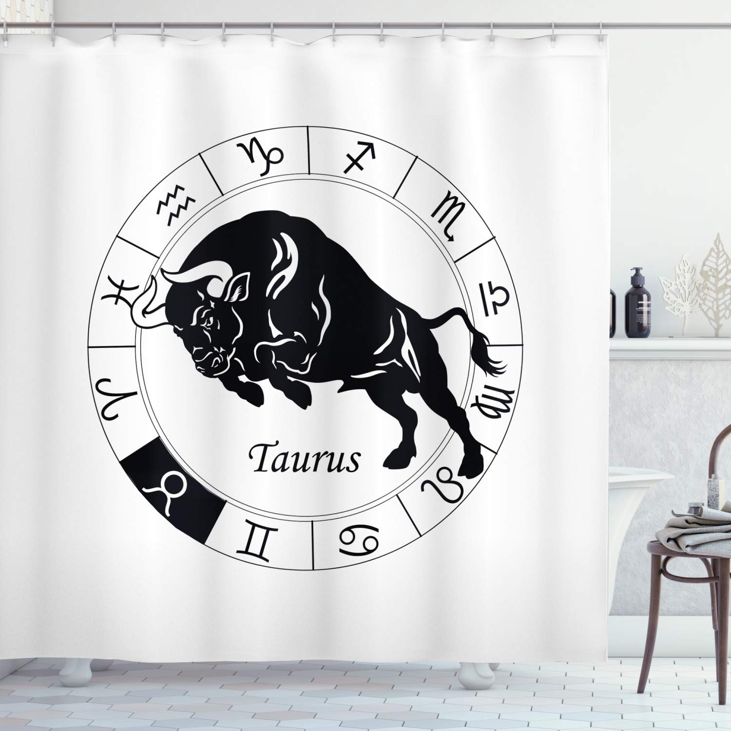 ABAKUHAUS Zodiac Taurus Shower Curtain, Mythological Ox Jumping Silhouette in a Zodiac Wheel with 12 Signs, Cloth Fabric Bathroom Decor Set with Hooks, 78 Inches, Black and White