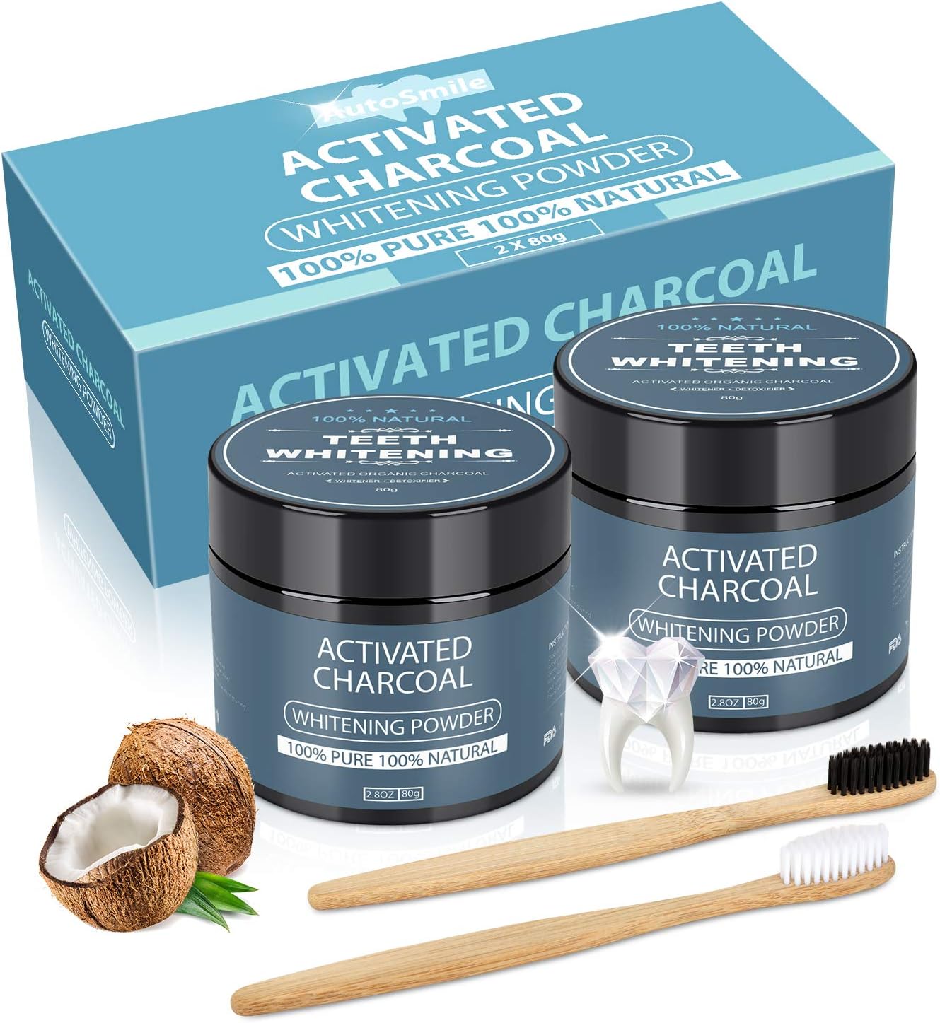 Activated Charcoal Teeth Whitening Powder with 2 Bamoo Toothbrushes - AutoSmile Upgraded Organic Coconut Powder for Stain Removal and Your Freshens Breath,100% Natural(2 Pack/4.2Oz)