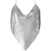Sexy Metallic Chain Top for Women Sequin Rhinestone Backless Crop Outfit Sparkly EDM Party Club(silver/2V)