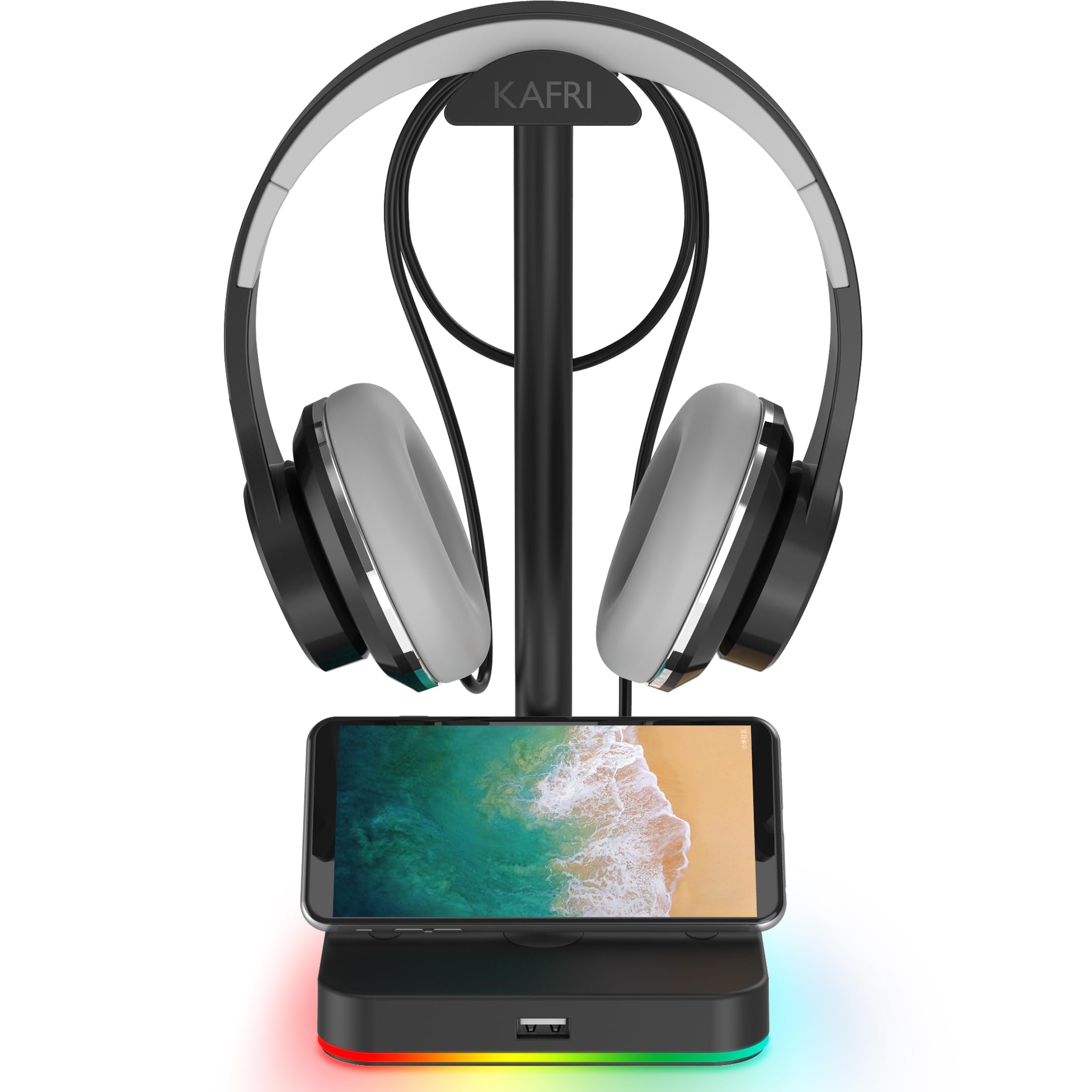 KAFRI RGB Headphone Stand with USB Hub Desk Gaming Headset Holder Hanger Rack with 1 USB2.0 Extension Charging Port Extender Cord - Suitable for Gamer Desktop Table Game Earphone Accessories, Black