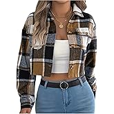 SOLY HUX Women's Plaid Flannel Shirt Button Down Long Sleeve Shacket Blouse Crop Tops Fall Clothes