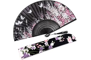 Amajiji 8.27"(21cm) Hand Held Bamboo Silk Folding Fan Hand Fan,Chinese/Japanese Charming Elegant Vintage Retro Style,Women Ladys Girls Best Gifts (Black Butterfly)
