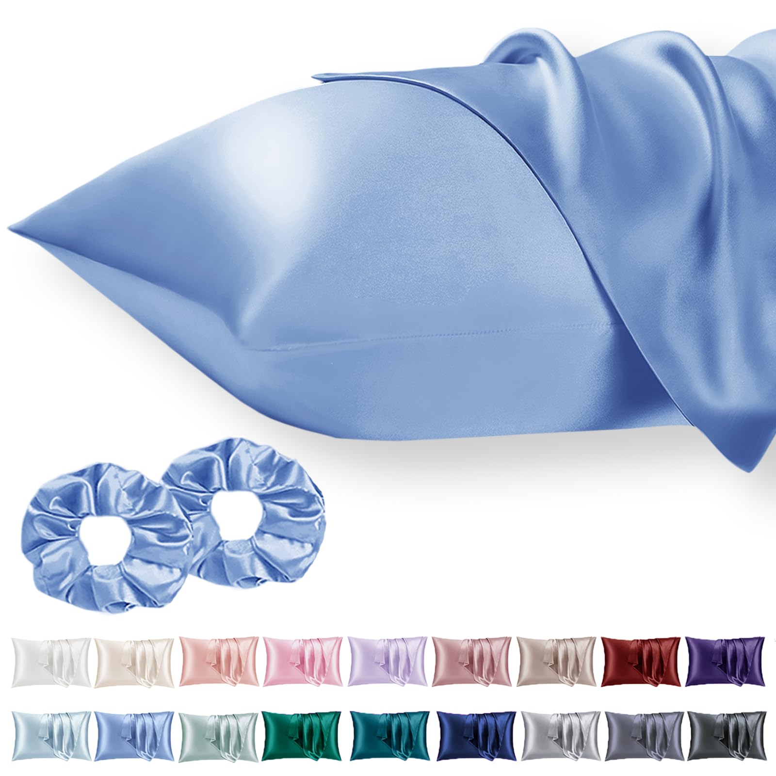 Vielit 2 Pack Satin Pillowcase for Hair and Skin Cooling,Soft as Silk Pillowcase for Hair and Skin,Easier Care than Silk Pillow Case Blue 50x75cm Gifts for Women Envelope & 2 Scrunchies