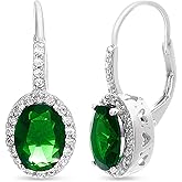 Mia Sarine Rhodium Plated 925 Sterling Silver Oval Simulated Emerald and Cubic Zirconia Bridal Lever Back Earrings for Women Green