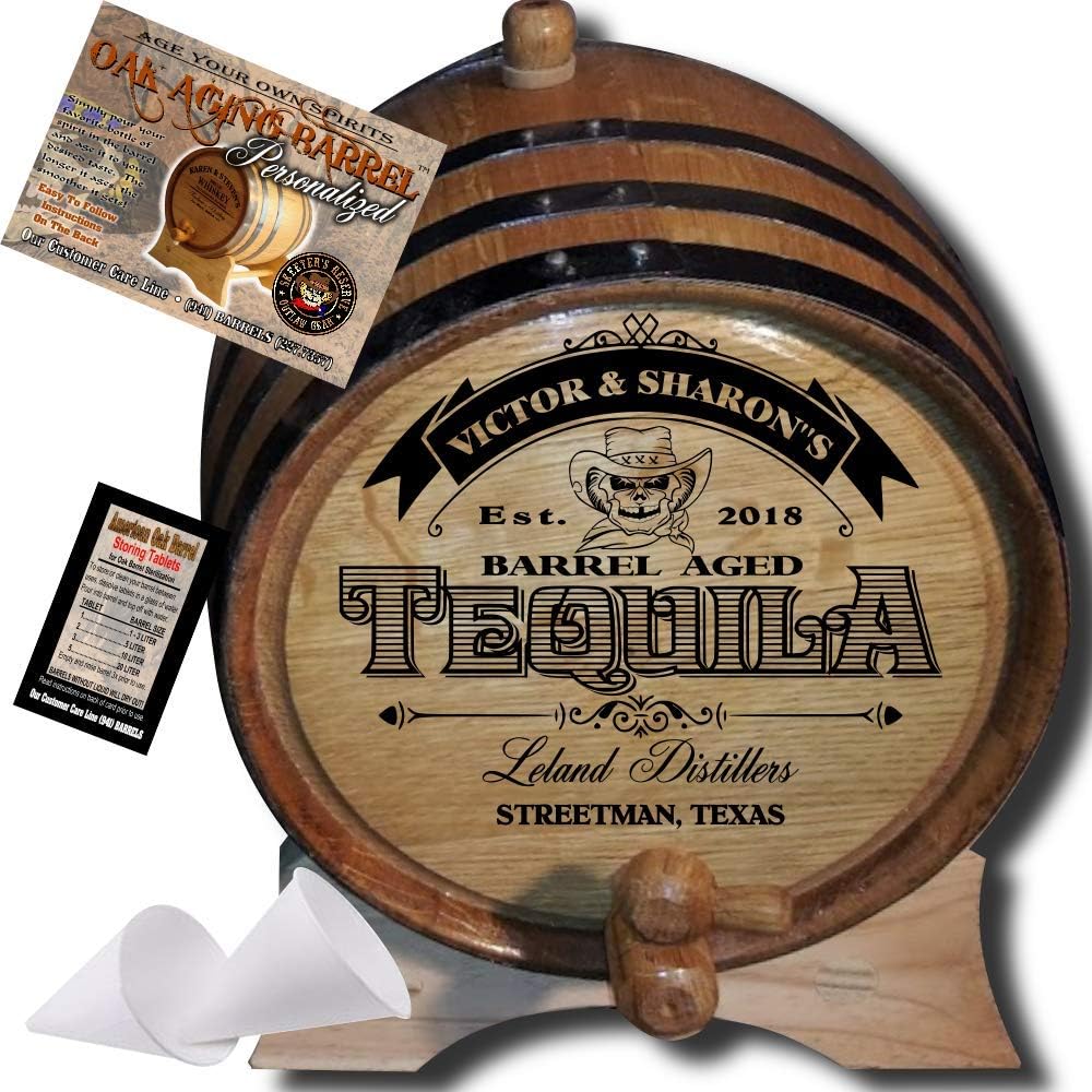 3 Liter Personalized American Oak Tequila Aging Barrel (104) - Custom Engraved Barrel From Skeeter's Reserve Outlaw Gear - MADE BY American Oak Barrel - (Natural Oak, Black Hoops)
