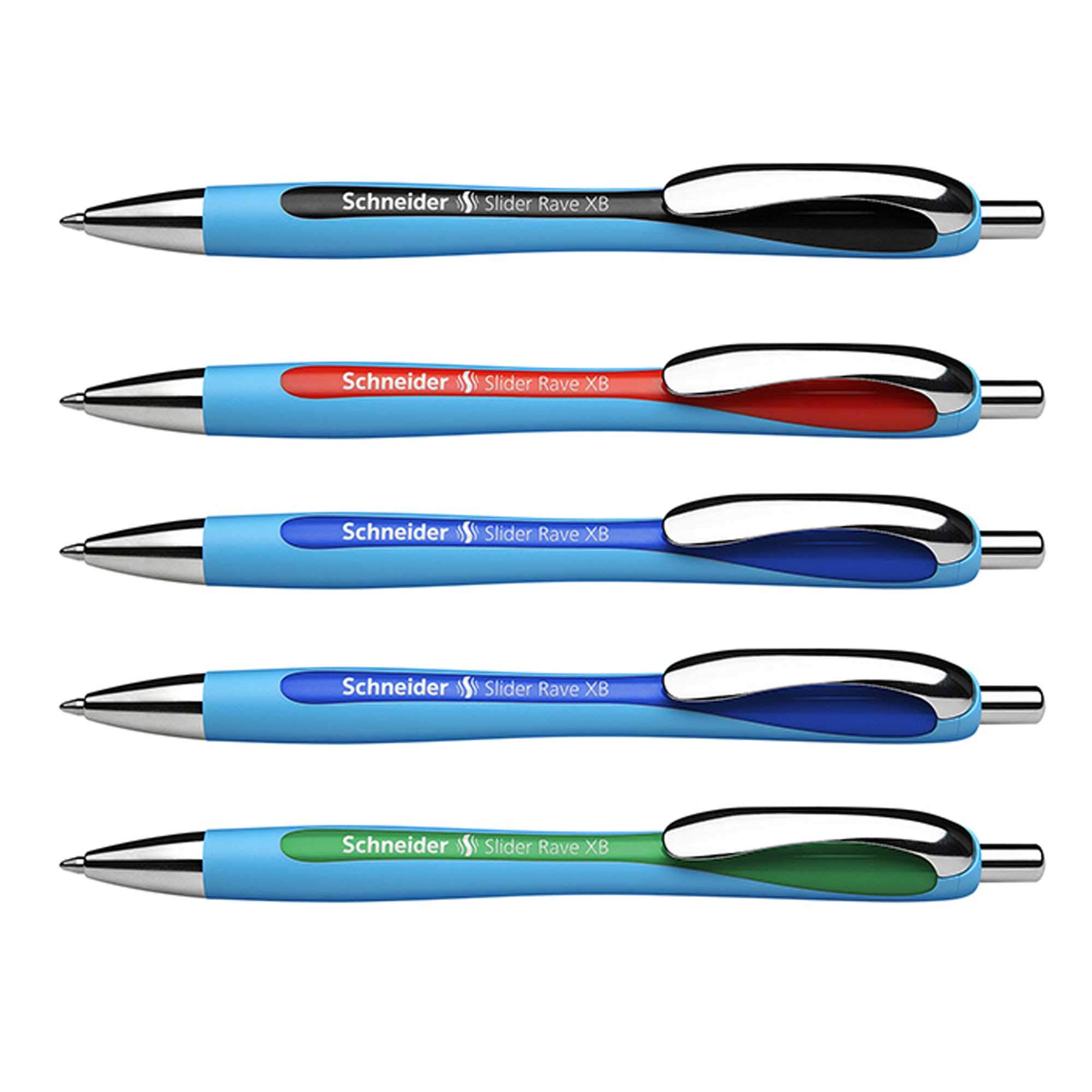 Schneider Slider Rave XB Ballpoint Pen (Stroke Width: XB, Indelible Lead, Made in Germany), Pack of 5, Ink Colour: 2 x Blue, Black, Red, Green
