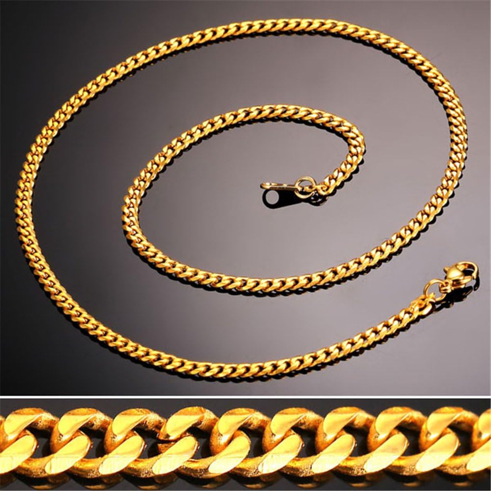 U7 Solid Gold Curb Link Necklace 18K Gold Plated Stainless Steel Minimalist Rapper Jewelry 3mm Cuban Chain 22 Inch | 