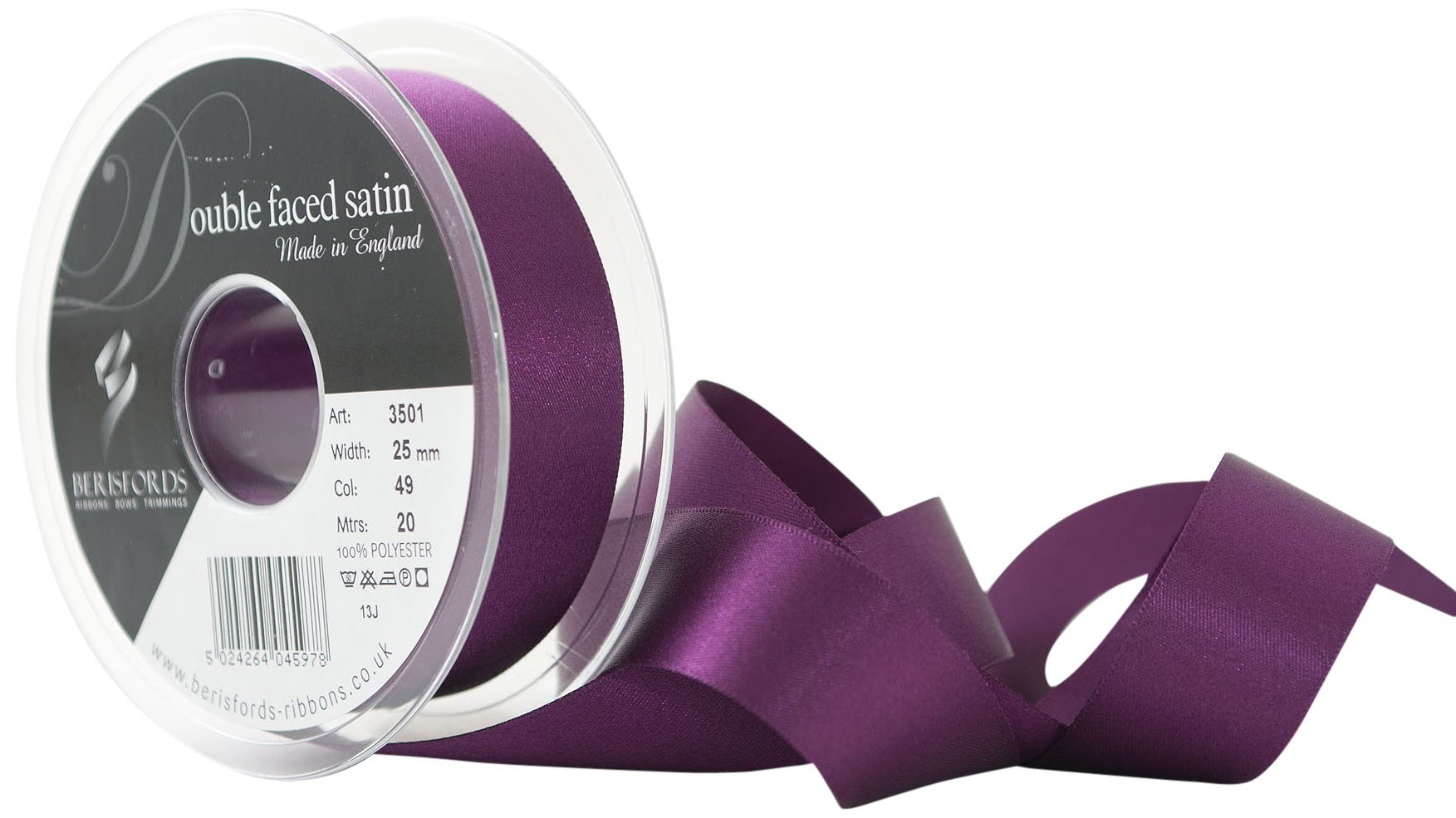 Berisfords 3501 25mm 49 Plum Double Satin Ribbon x 20mtr, 25 mm — image 1