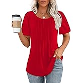 OFEEFAN Womens T Shirts Short Sleeve Pleated Dressy Casual Scooped Neck Summer Tops Blouses