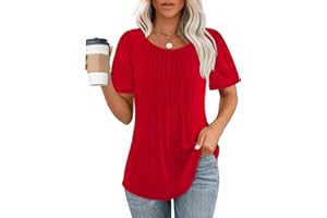 OFEEFAN Womens T Shirts Short Sleeve Pleated Dressy Casual Scooped Neck Summer Tops Blouses