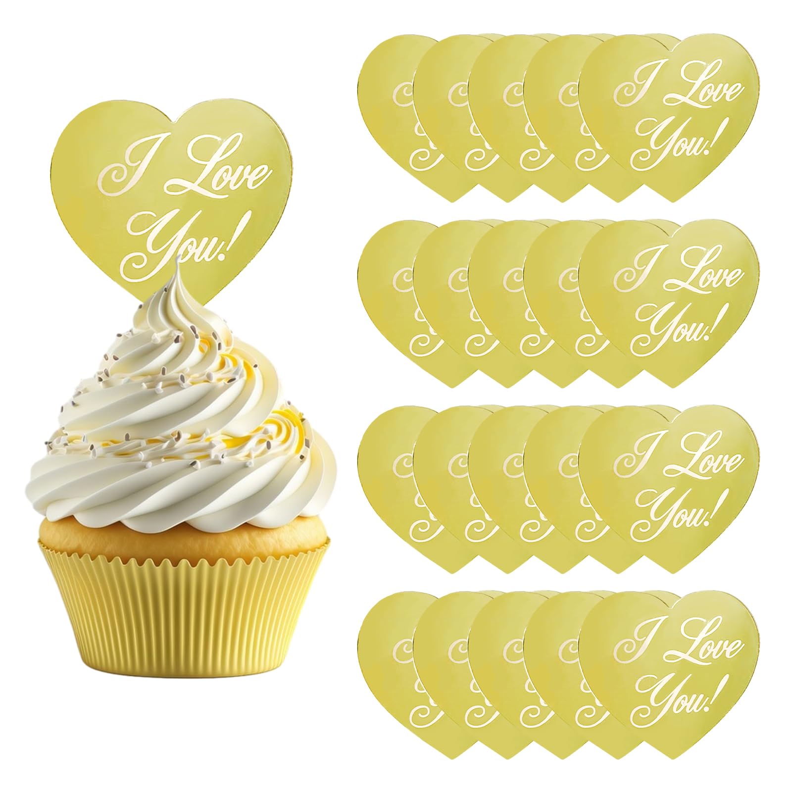 URROMA I Love You Acrylic Cupcake Toppers, 20pcs Heart Cupcake Toppers Acrylic Love Cake Topper Gold Wedding for Shower Party Valentine's Day Engagement Anniversary Bridal Cake Decor