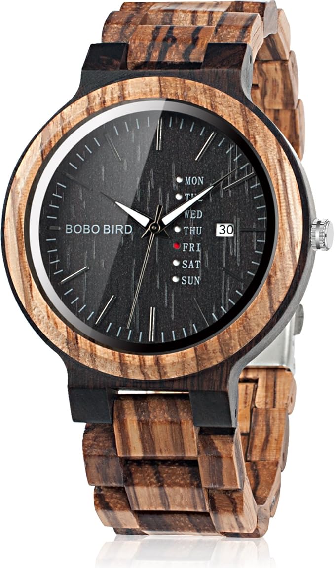 Amazon Com Bobo Bird Mens Wooden Watch Analog Quartz With Week Display Lightweight Handmade Wood Wrist Watch For Men Black Dial Watches