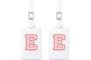 Sodsay 2 PCS Initial Luggage Tag, Luggage Tags for Suitcases Cute Embroidered Letter PU Leather Travel Bag Baggage Tags Privacy Cover ID Label for Women Kids Teens Men(E, White Leather+Pink Letter)