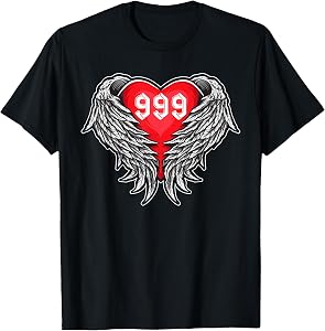 Angel Number 999 with Heart and Wings of Angel T-Shirt Small