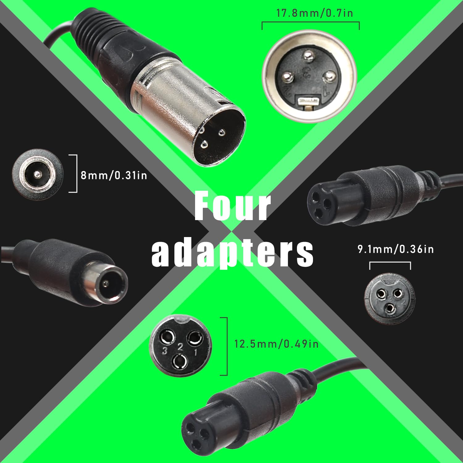 42V 2A Scoter Charger 5 Plugs for 36V Lithium Battery Pack DC 5.5 * 2.1 with 8mm 3 Prong/12mm 3 Prong Connector/8mm RCA/ 3-Pin Male XLR Connector,Universal 5 in 1 Charger Power Adapter
