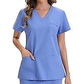 VECARDI Women's Scrub Top Short Sleeve Medical Shirts Stretchy Soft Nurse Uniform V Neck Top Tee With 3 Pockets