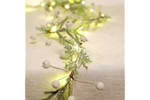 MIYA LIFE Norfolk Pine Garland with White Berry 6.5FT Christmas Garland with Lights Battery Operated Lighted Christmas Garland for Mantle Christmas Tree Decorations