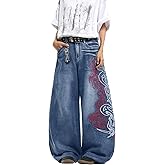 DFGIGT Men's Hip Hop Baggy Jeans Embroidered Wide Leg Skater Jeans Loose Fit Denim Pants Streetwear