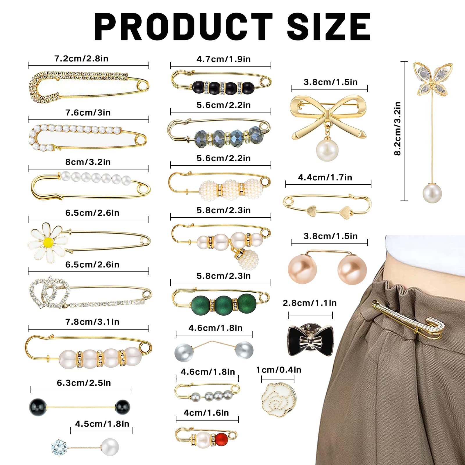 60PCS Brooches Pins, Fashion Brooch Pins for Women Shirt Pant Sweater Shawl Hat Clip Pant Waist Tightener Safety Pins Large Pearl Brooch for Clothes Dress Decoration Accessories