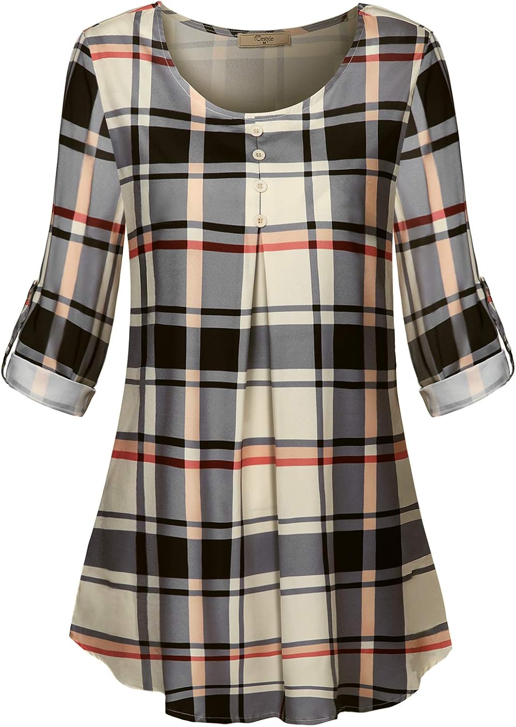 Cestyle Women's Roll-up Long Sleeve Round Neck Layered Chiffon Flowy Blouse Top